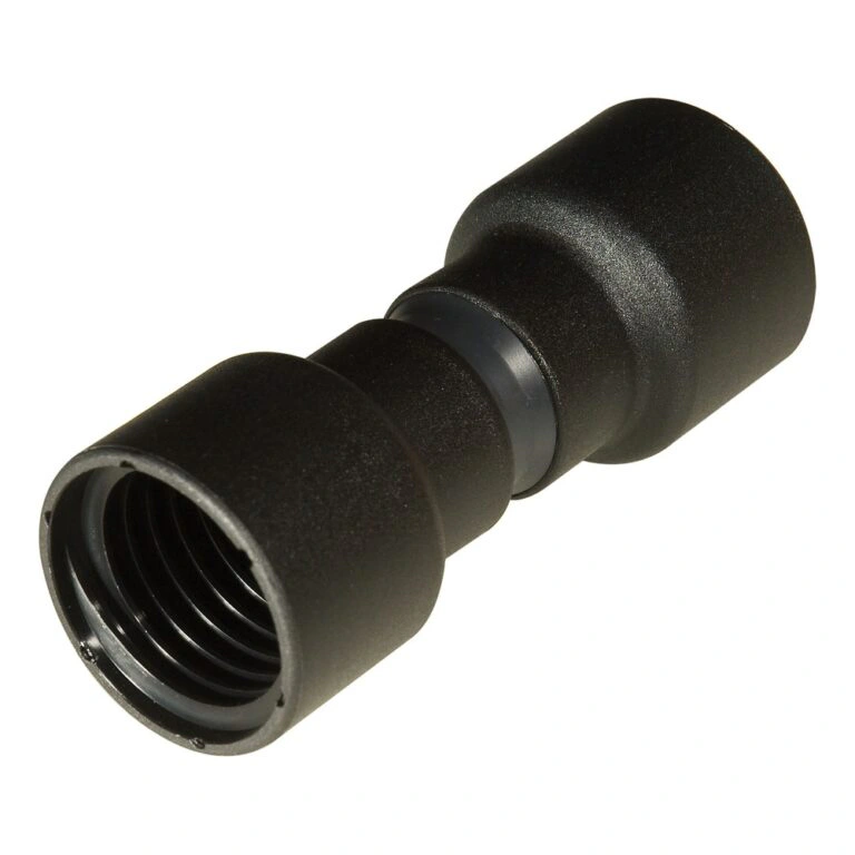 Short black hose adapter with a swivel joint, shown with both ends visible