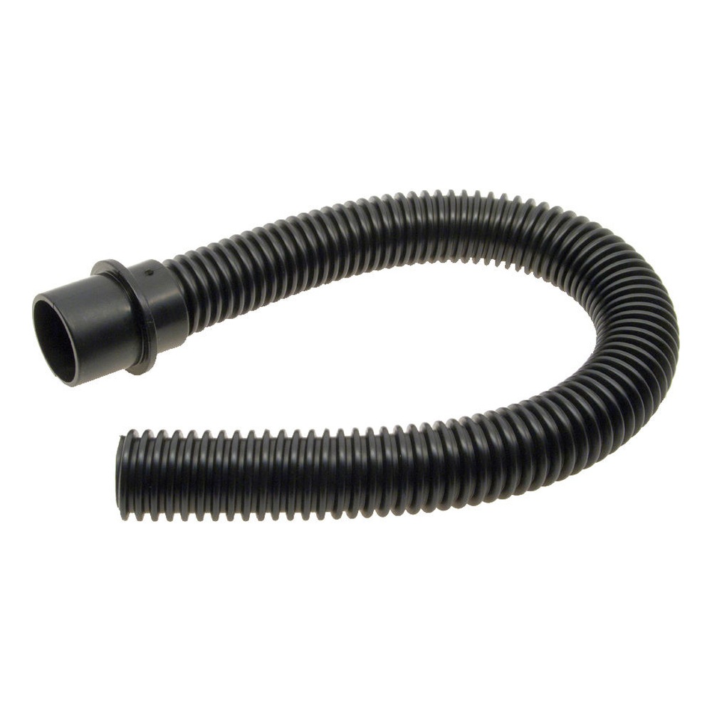 Black corrugated flexible hose with a plastic connector on one end, shown