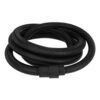 Black flexible hose coiled up with a connector in the middle, shown