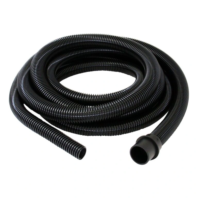 Black flexible hose coiled up with open ends, shown on a white background