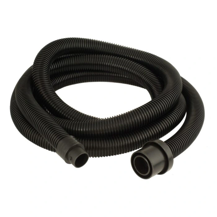 Black flexible hose coiled up with two connectors on the ends, shown