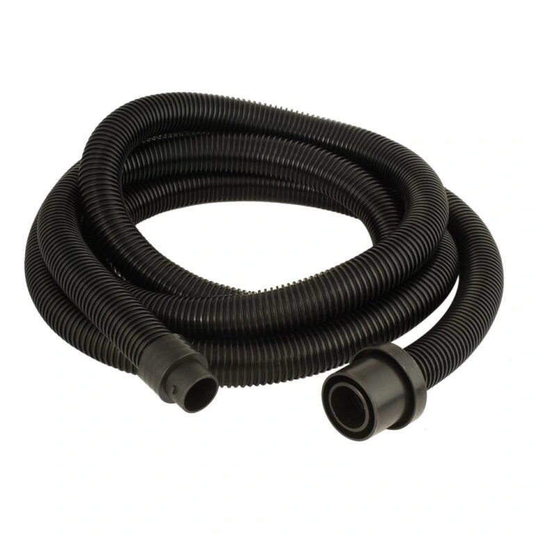 Black flexible hose coiled up with two connectors on the ends, shown
