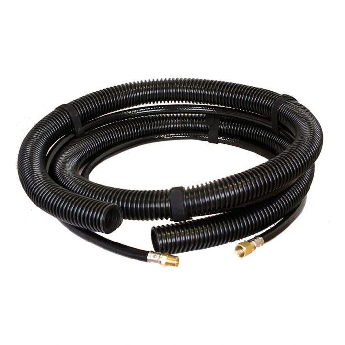 Black flexible hose coiled up with small brass connectors at the lower end