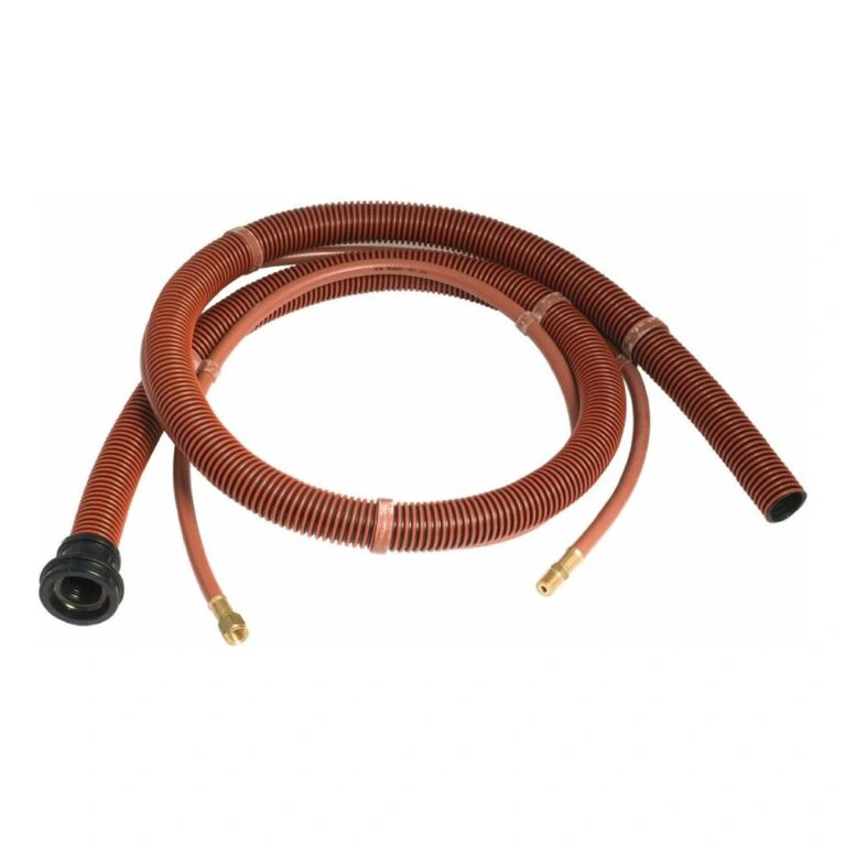A coiled brown spiral hose with a black end and two small brass fittings