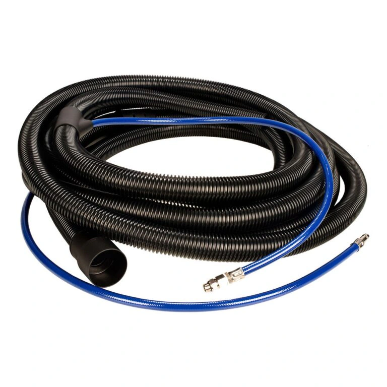 Coiled black hose with integrated blue line