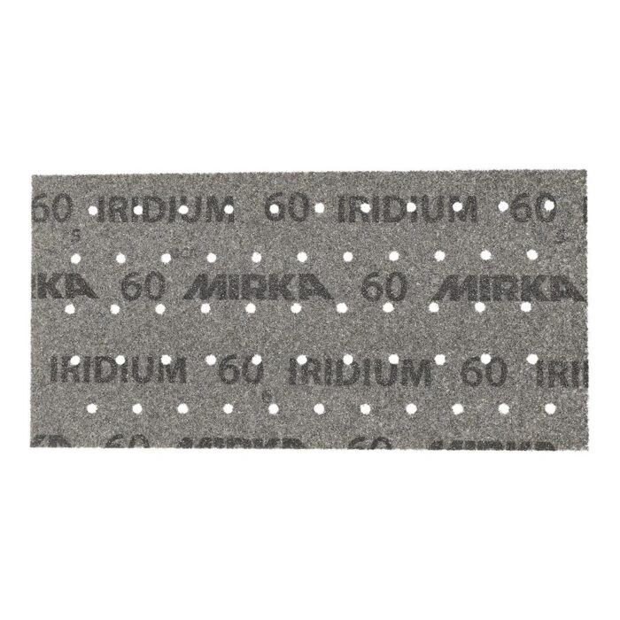 A rectangular gray sanding sheet with rows of dust-extraction holes