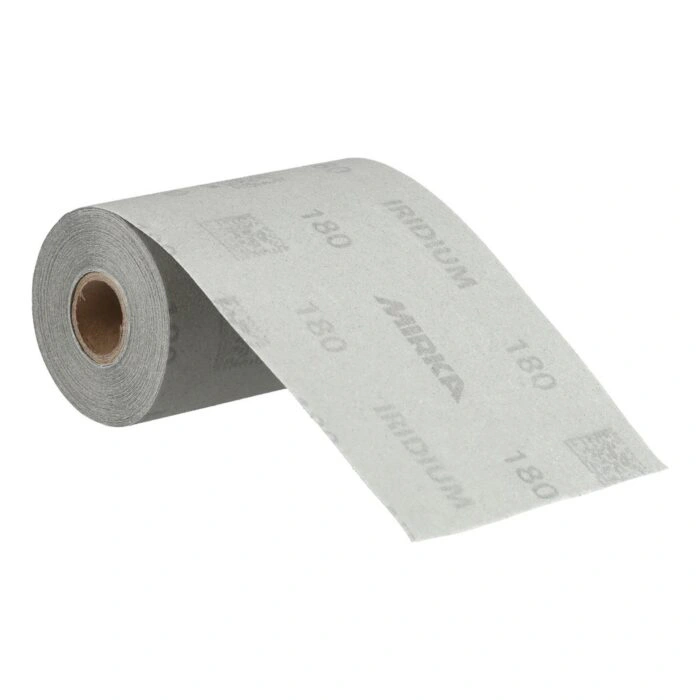 A partially unwound roll of gray sanding paper, with faint Mirka and 180