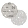 Two round perforated sanding discs, one with Mirka Iridium printing and one