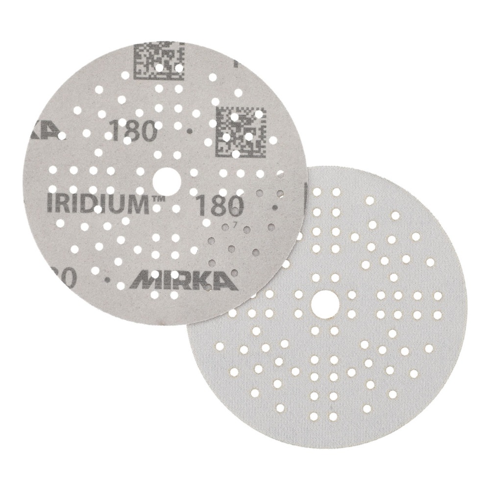 Two round perforated sanding discs, one with Mirka Iridium printing and one