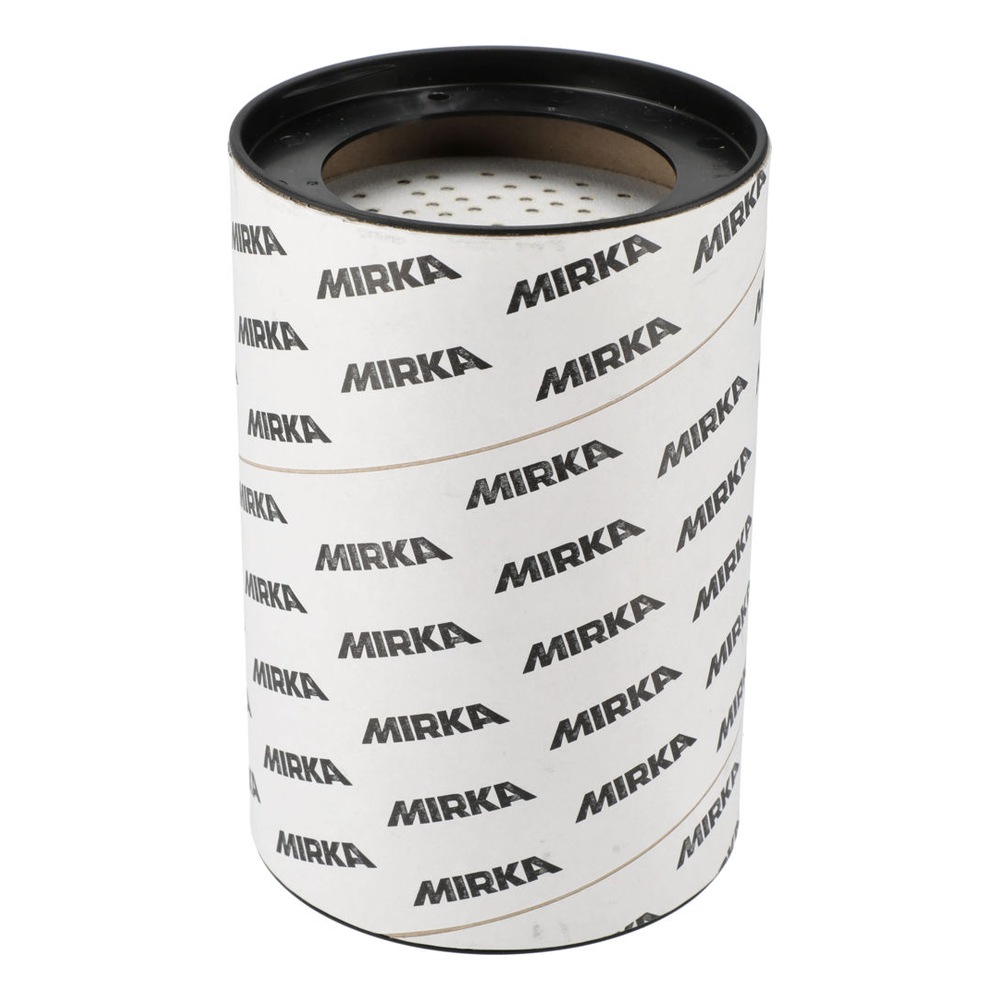 White cardboard cassette with repeated MIRKA print, open at the top, showing