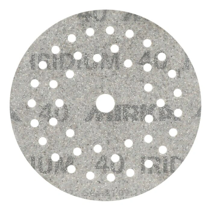 Round gray sanding disc with many holes and a center opening, shown front-on