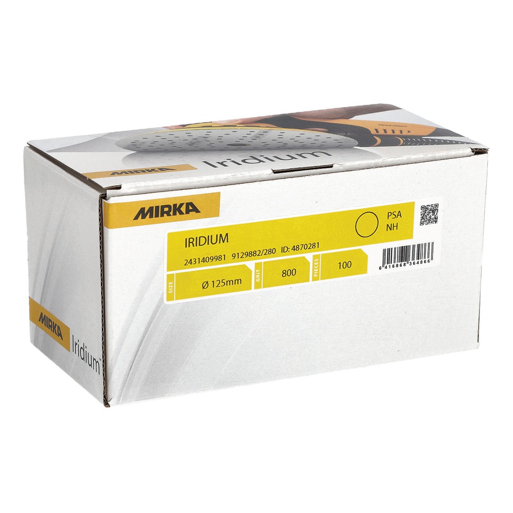 קופסת קרטון לבנה של מוצר עם לוגו Mirka ו- Iridium, מסומנת על דופן קדמית