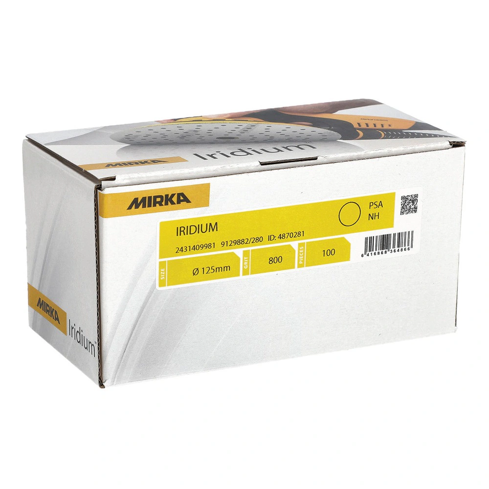 קופסת קרטון לבנה של מוצר עם לוגו Mirka ו- Iridium, מסומנת על דופן קדמית