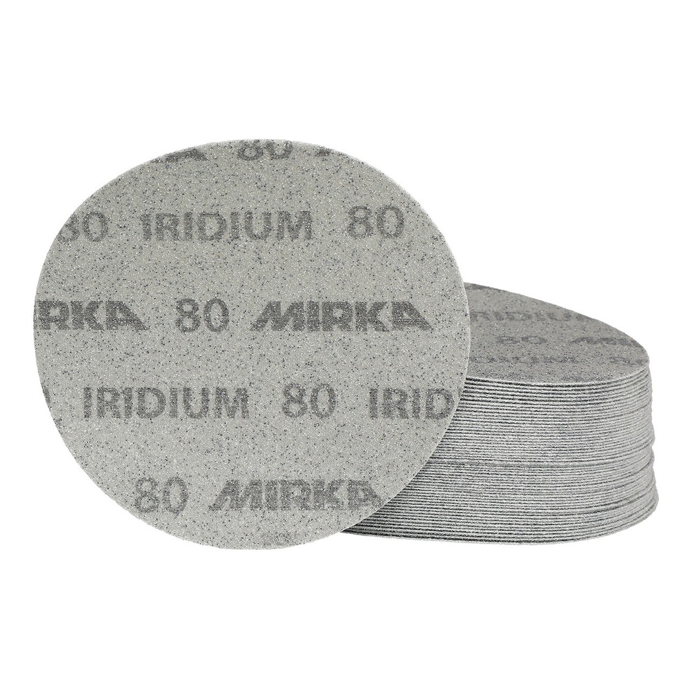 A stack of several gray circular sanding discs, with one disc shown
