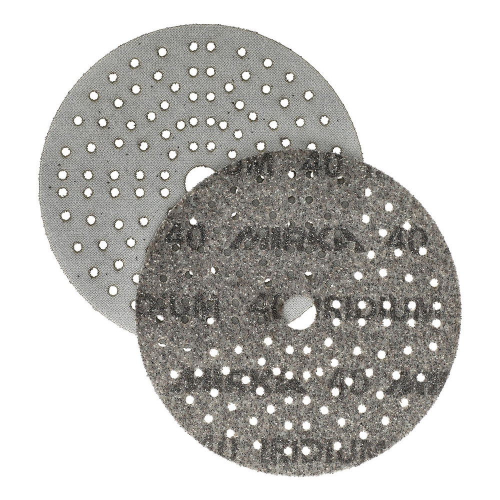 Two overlapping gray perforated sanding discs