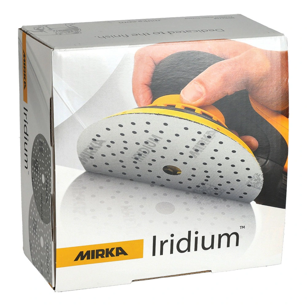 White Mirka packaging box with a printed image of a sanding disc on it