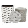Sanding disc set packaging: a printed container, a stack of discs