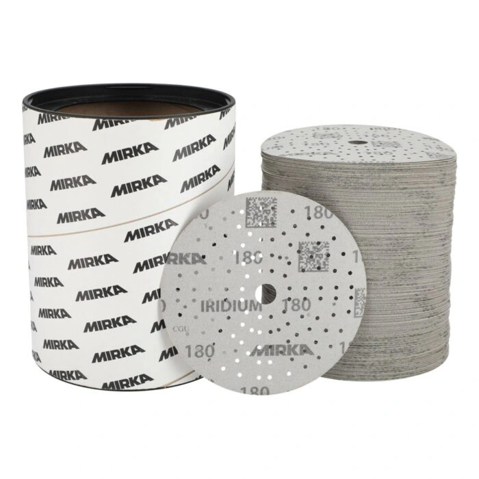 Sanding disc set packaging: a printed container, a stack of discs