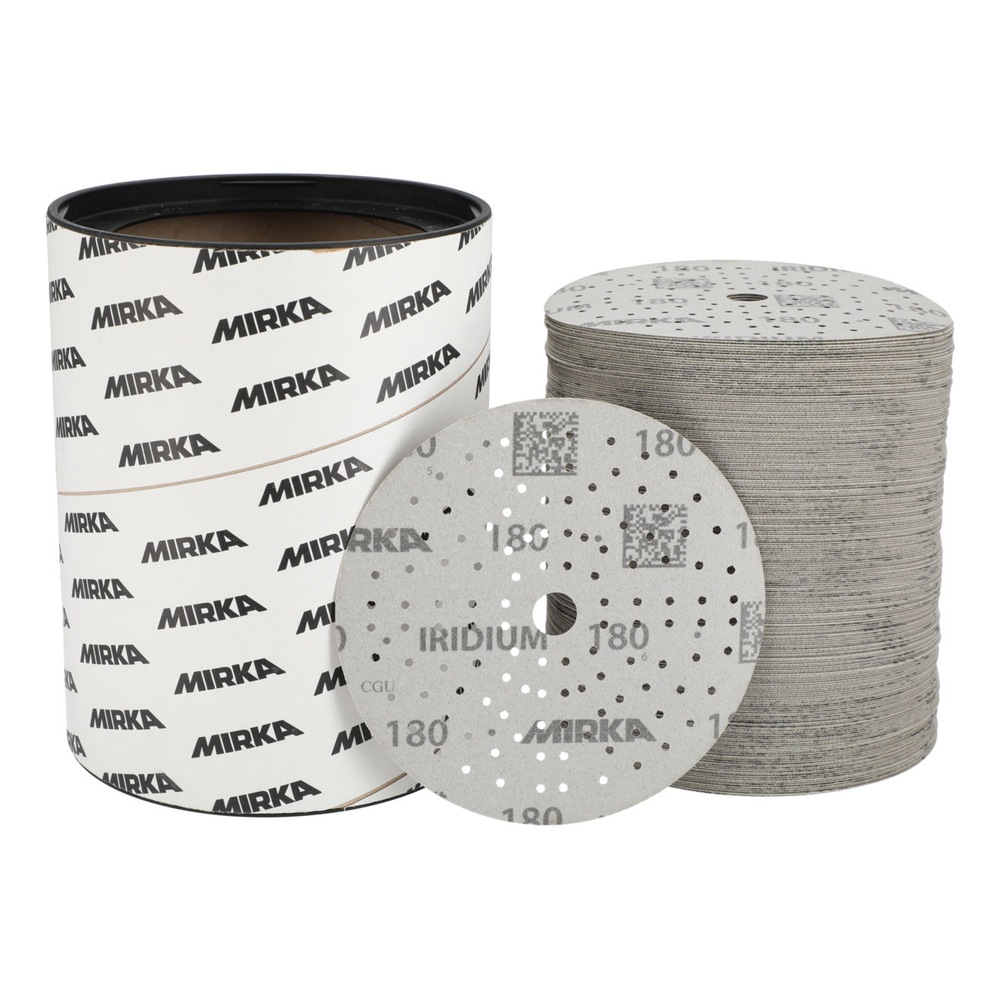 Sanding disc set packaging: a printed container, a stack of discs