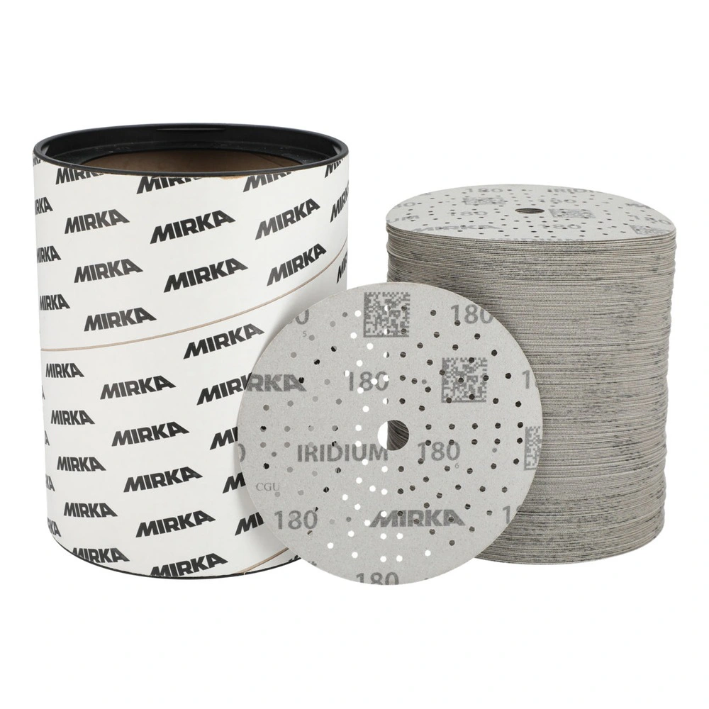 Sanding disc set packaging: a printed container, a stack of discs