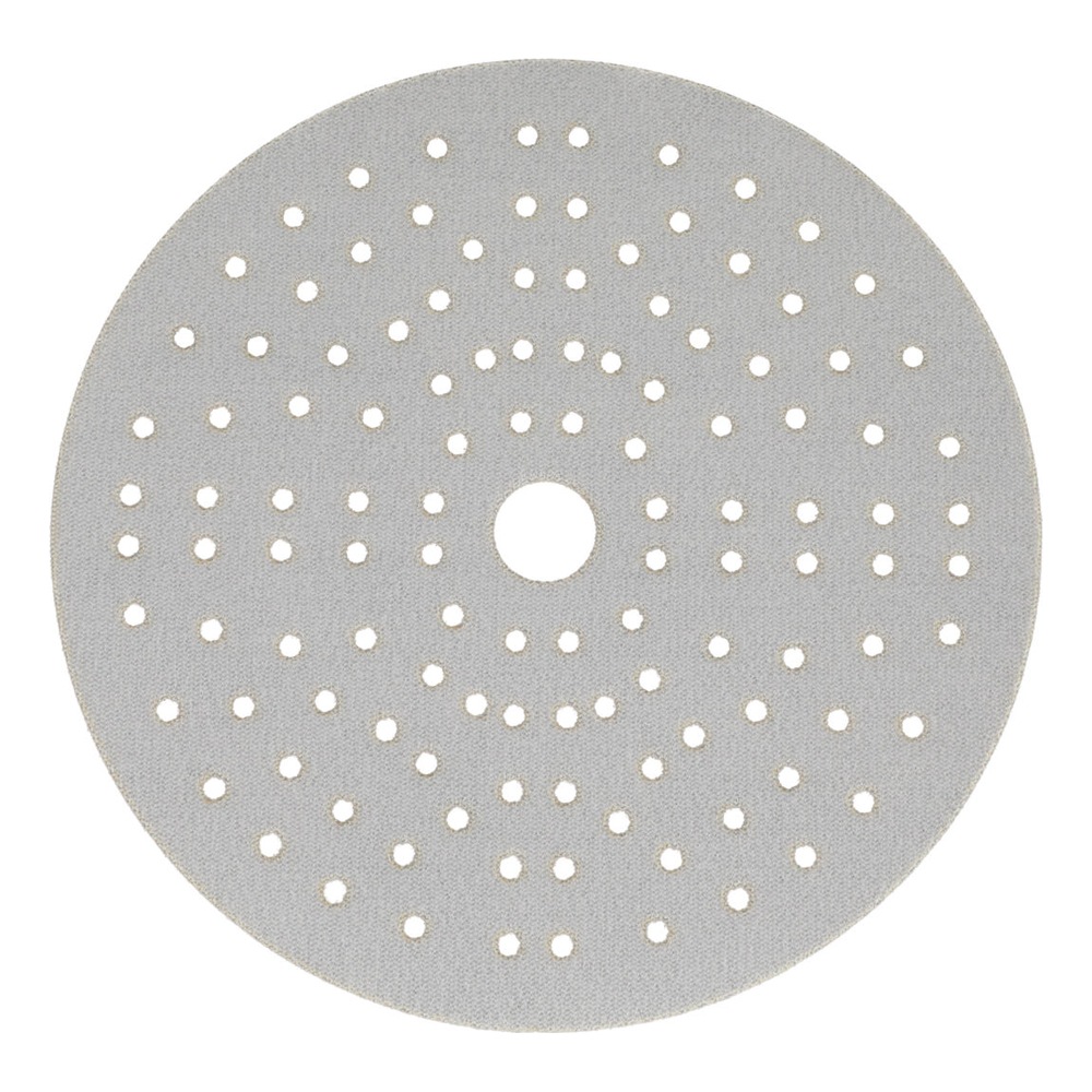 Gray round sanding disc with a central hole and a dense pattern of small