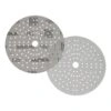 Two gray round abrasive discs shown overlapping, with holes and MIRKA