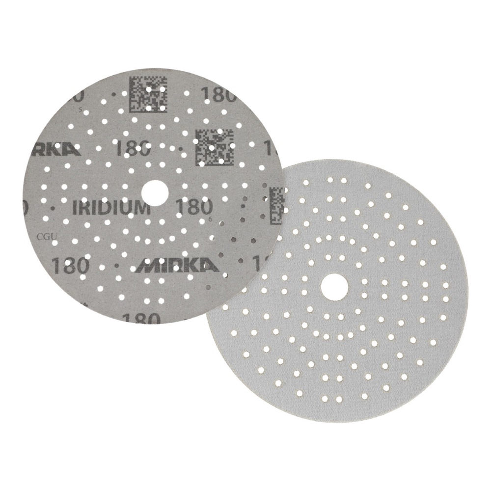 Two gray round abrasive discs shown overlapping, with holes and MIRKA