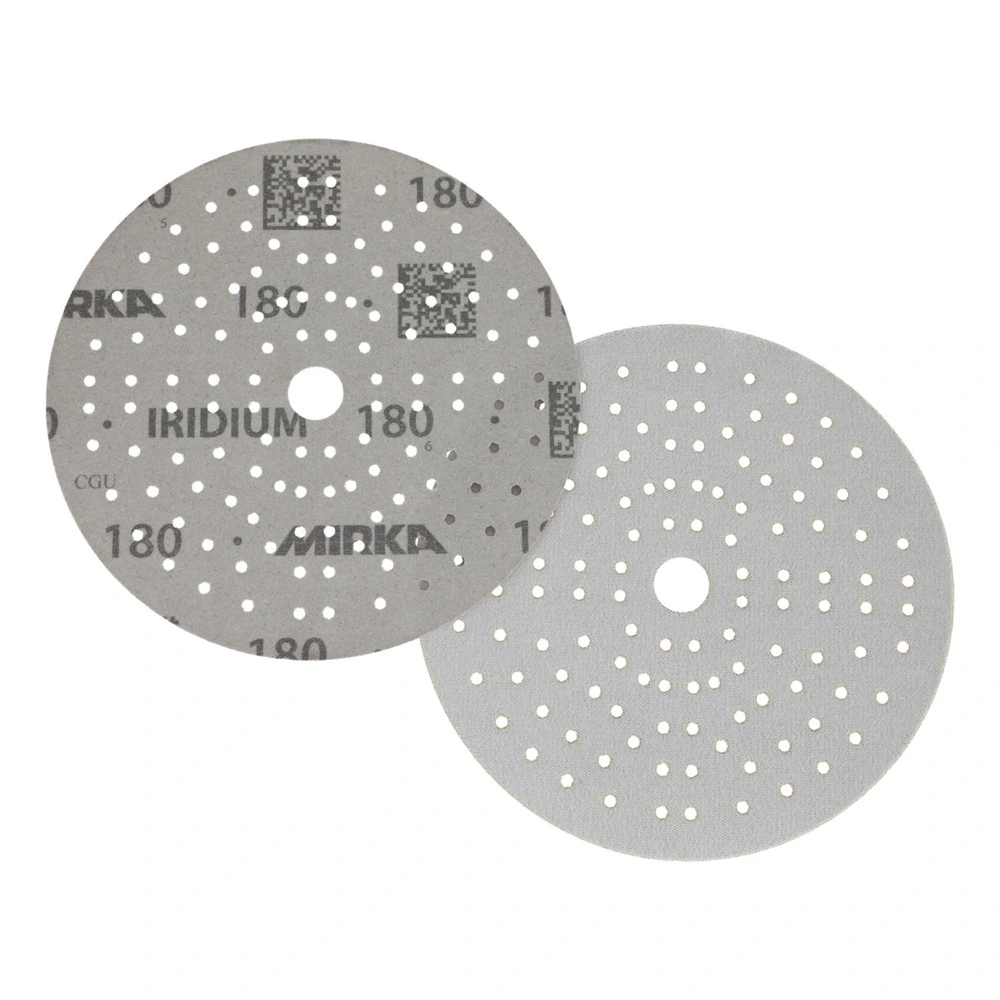Two gray round abrasive discs shown overlapping, with holes and MIRKA