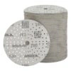 Stack of gray round sanding discs with holes, with one disc displayed