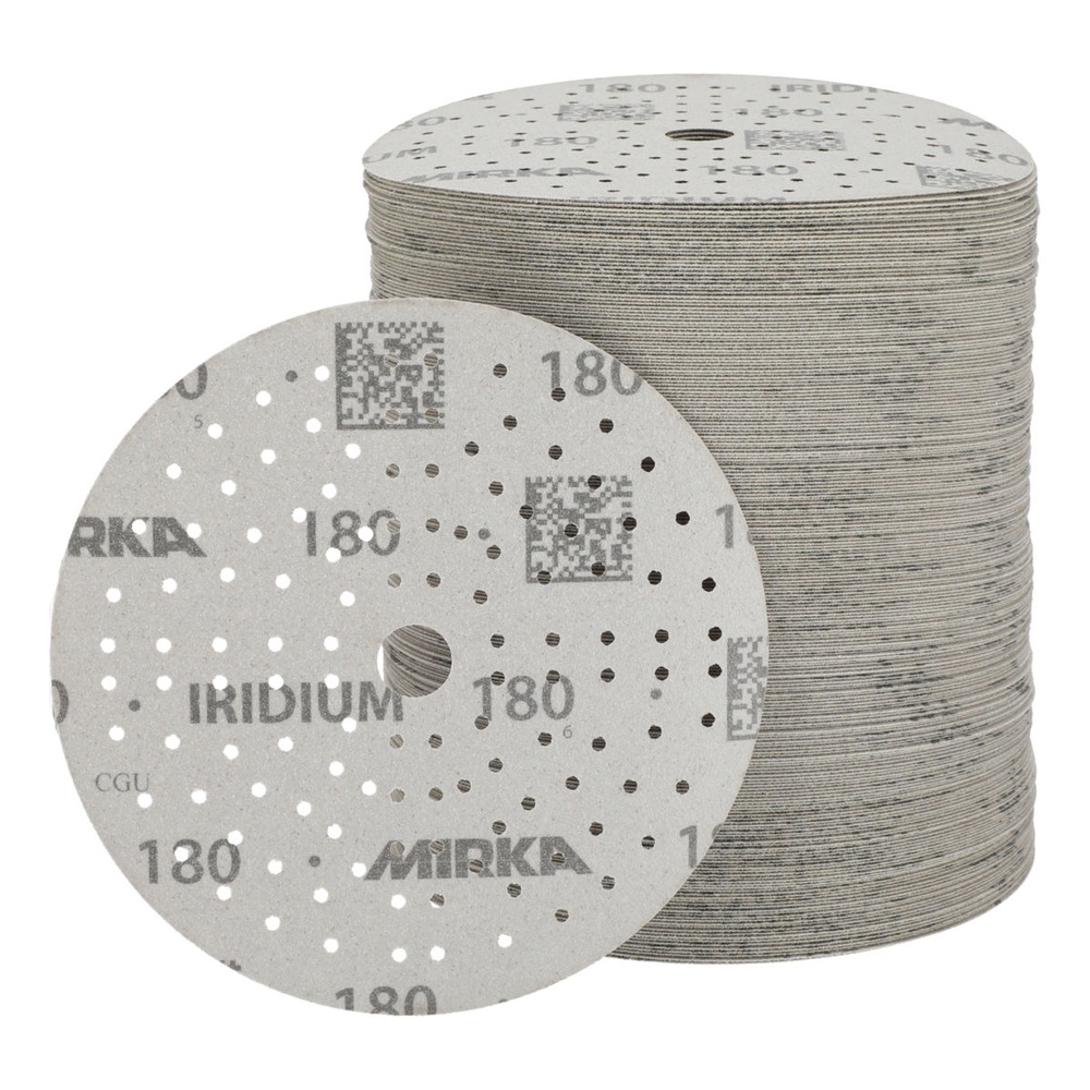 Stack of gray round sanding discs with holes, with one disc displayed