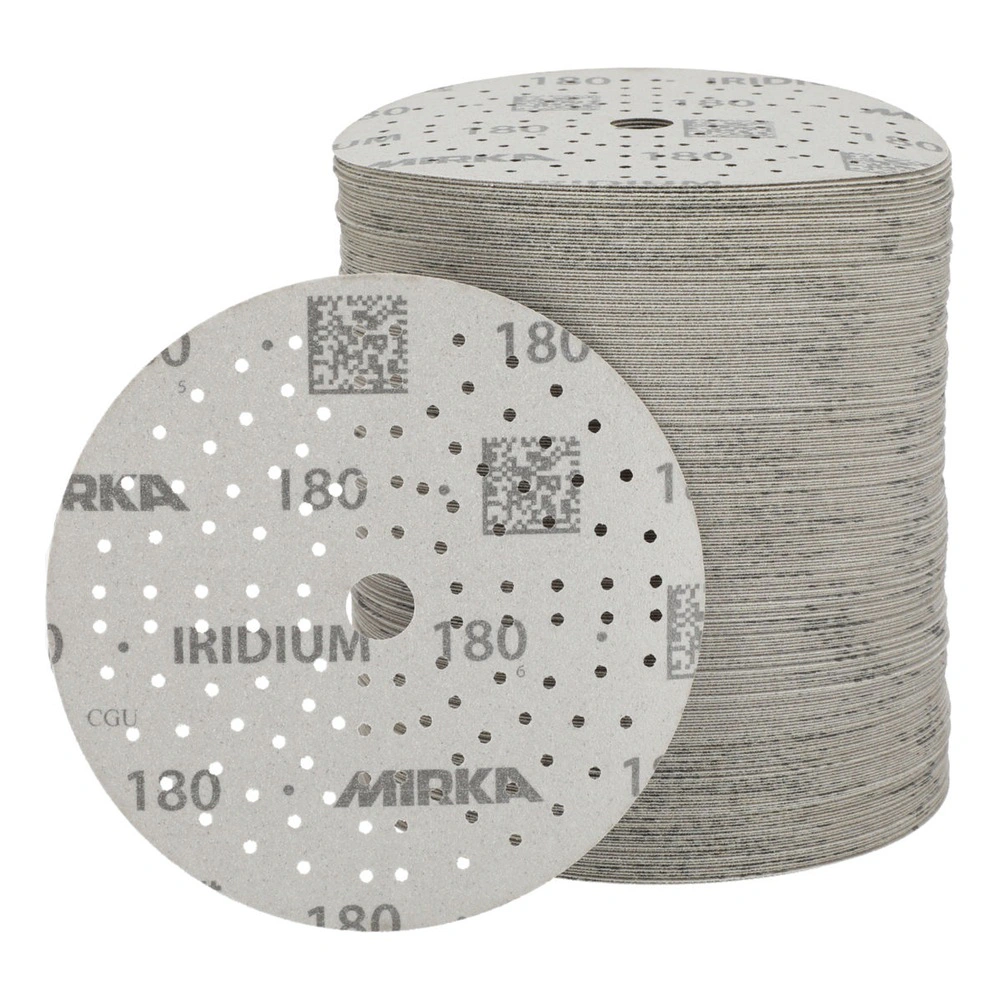 Stack of gray round sanding discs with holes, with one disc displayed