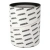 A white cylindrical container with repeating MIRKA print, front-side view