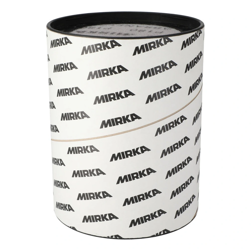 A white cylindrical container with repeating MIRKA print, front-side view