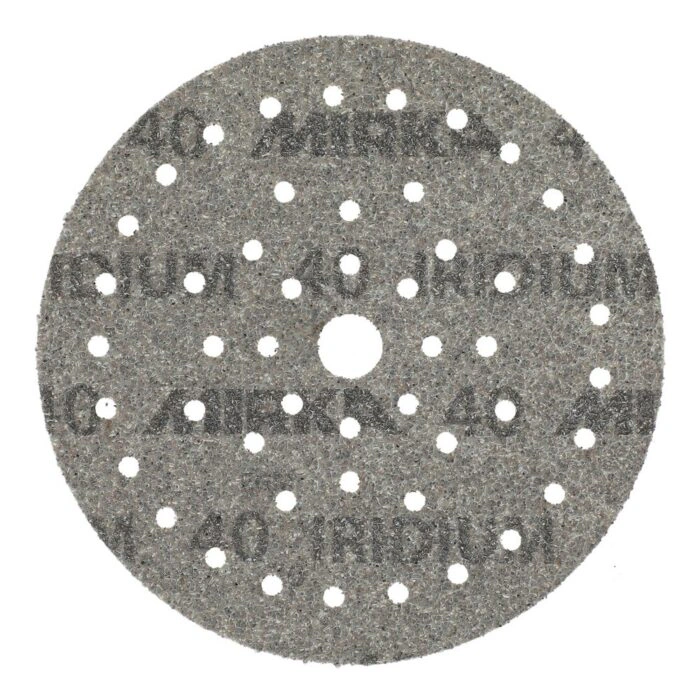 Dark gray round sanding disc with many holes and a rough textured surface