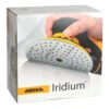 A Mirka Iridium cardboard box with a photo of an abrasive disc being used