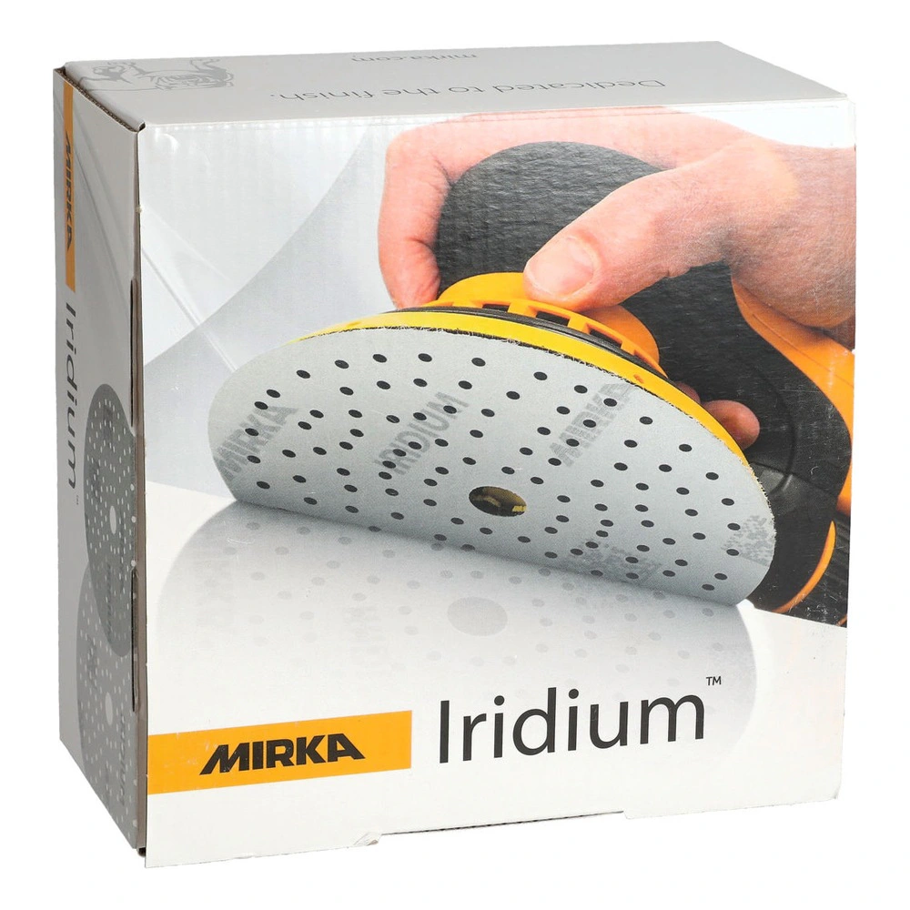 A Mirka Iridium cardboard box with a photo of an abrasive disc being used