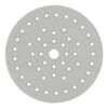 A round gray sanding disc with many holes and a central hole, shown