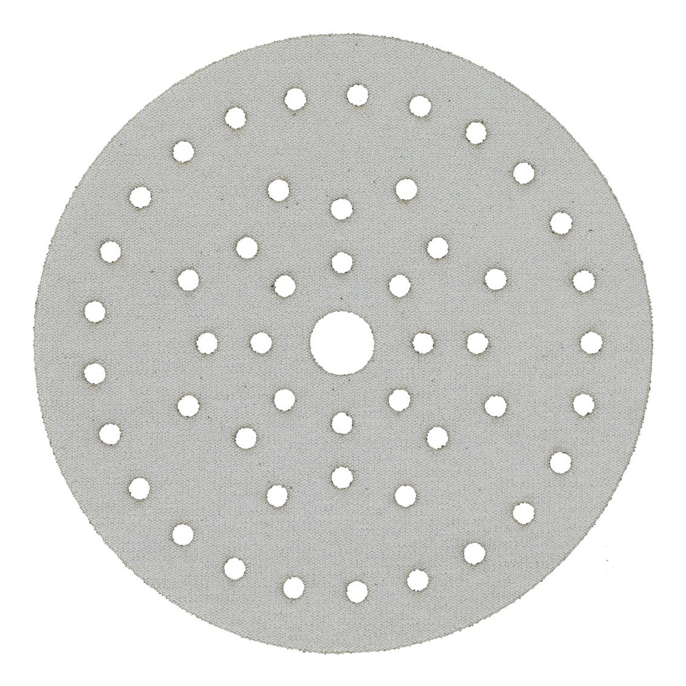 A round gray sanding disc with many holes and a central hole, shown