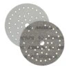 Two gray round sanding discs with holes, shown overlapping side by side