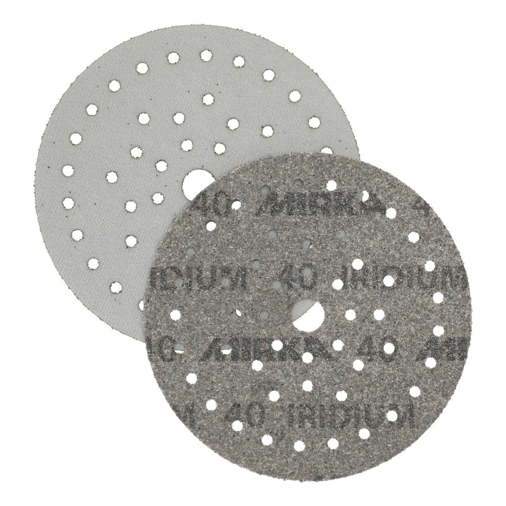Two gray round sanding discs with holes, shown overlapping side by side