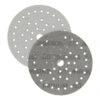 Two overlapping round sanding discs, one lighter and one darker, both