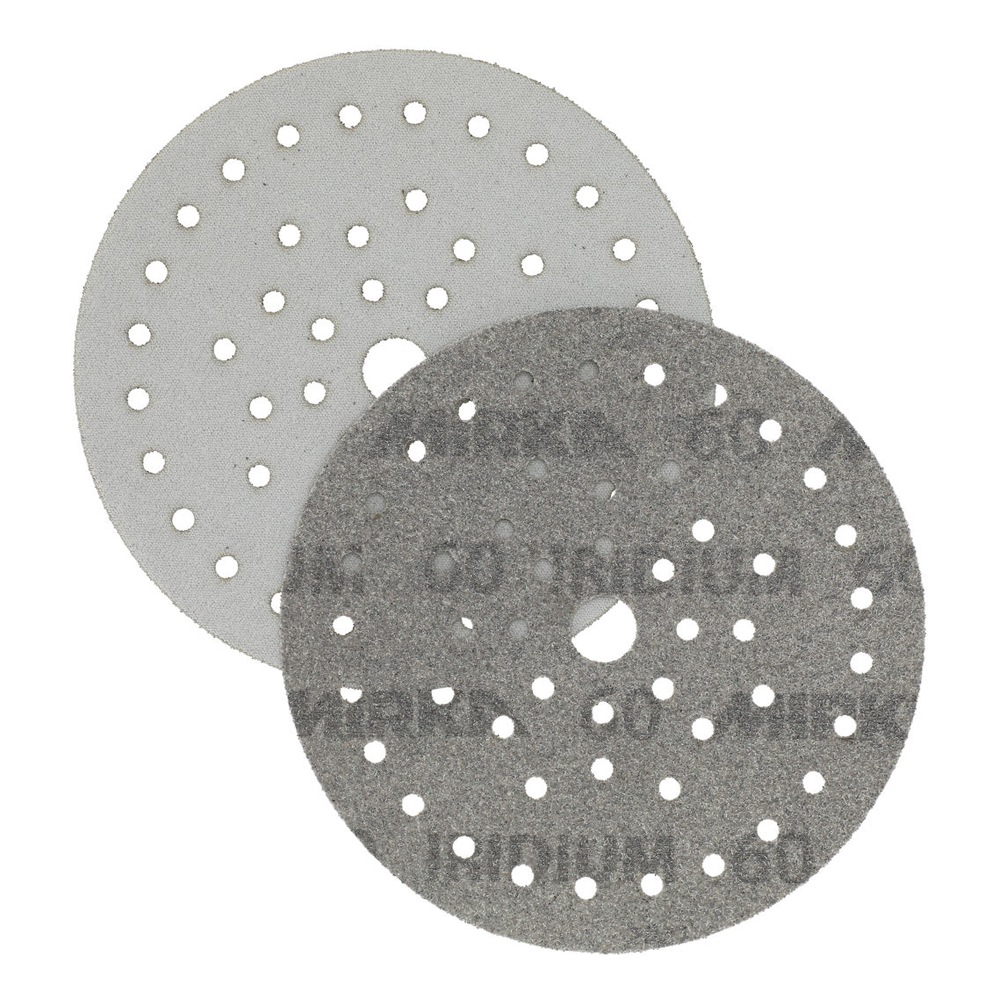 Two overlapping round sanding discs, one lighter and one darker, both