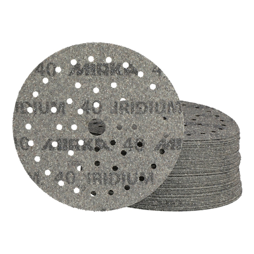 A stack of gray round sanding discs with holes, with one disc shown in front