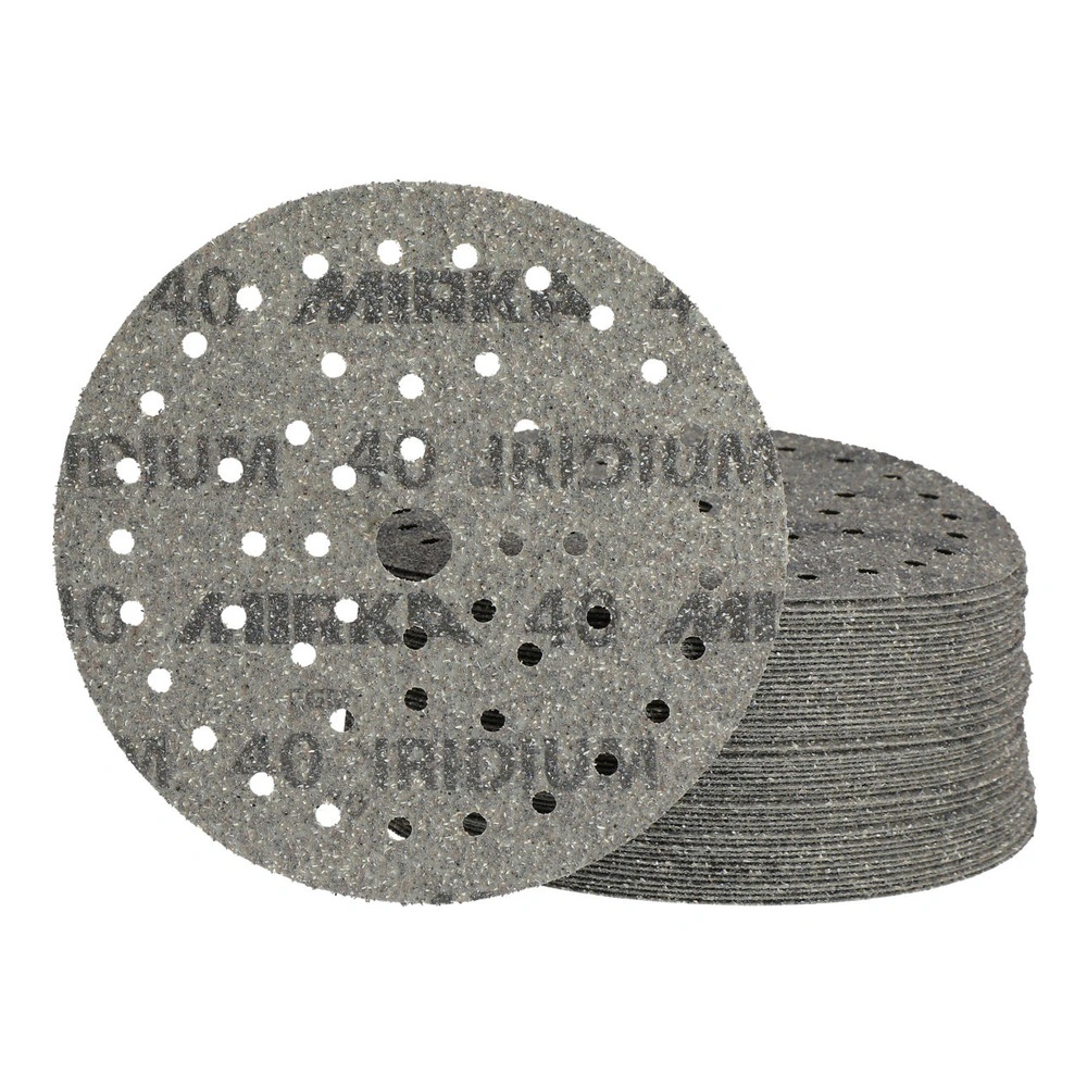 A stack of gray round sanding discs with holes, with one disc shown in front