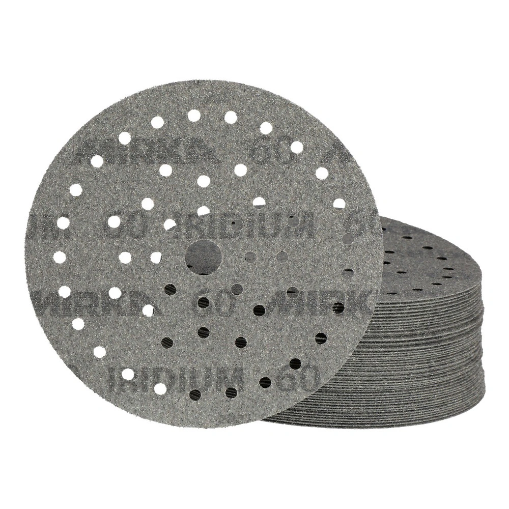 Two overlapping perforated sanding discs, with a stack of additional discs
