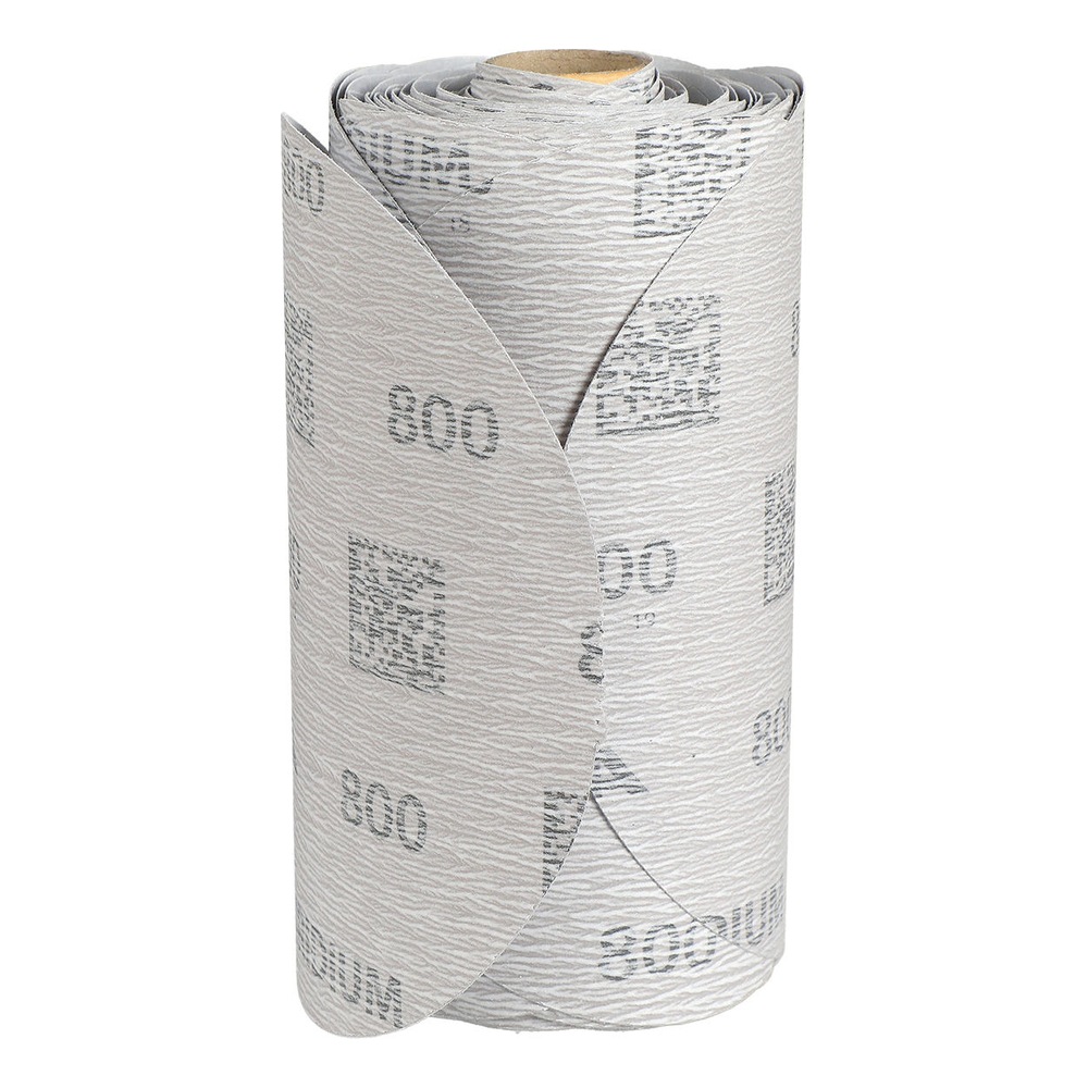 A tall roll of rolled white-gray sanding sheets with printed markings, shown