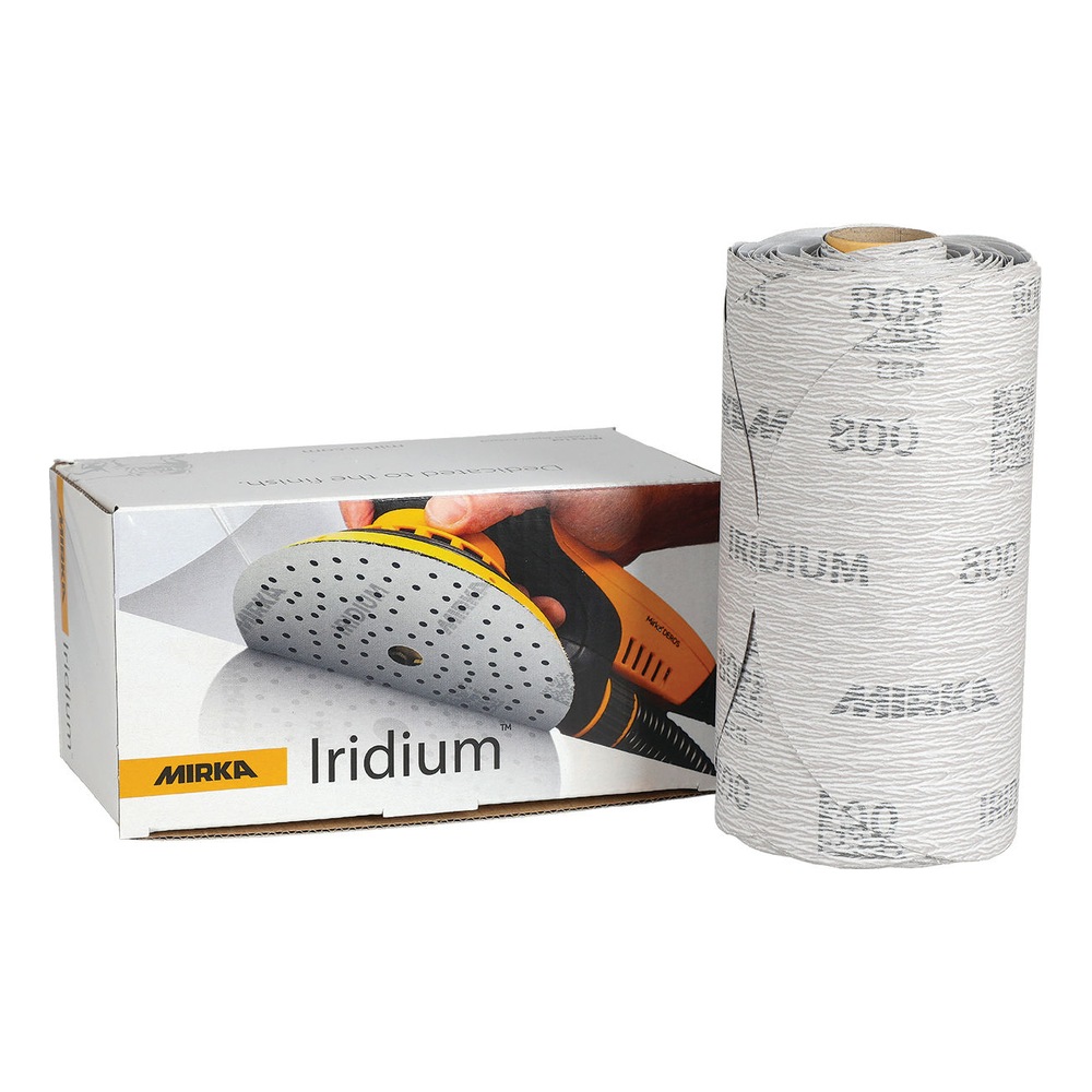 A box and a rolled stack of gray sanding discs with holes on a white