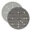 Two overlapping perforated black and gray sanding discs