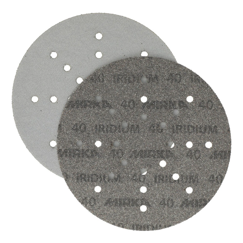 Two overlapping perforated black and gray sanding discs