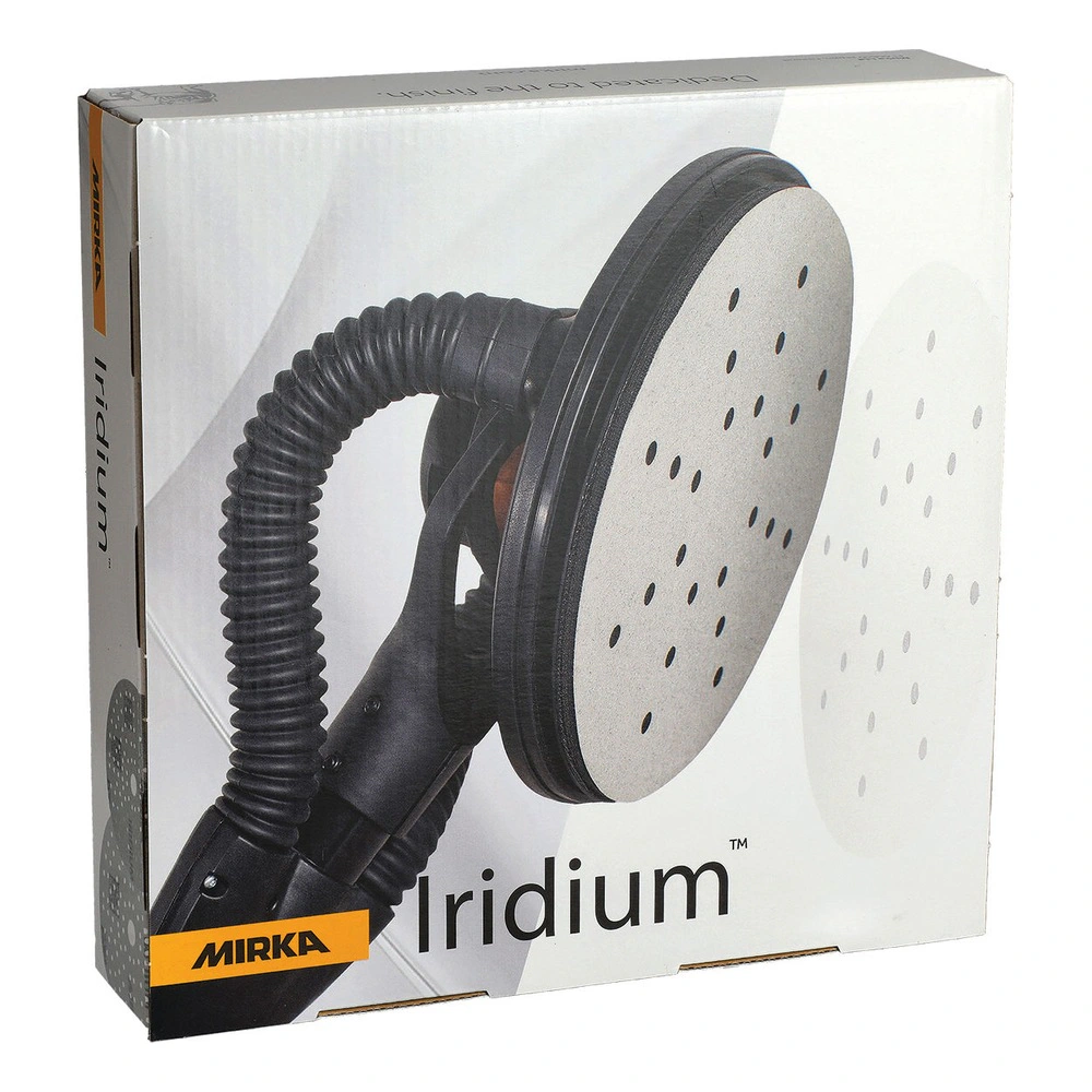 A Mirka Iridium product box with an illustration of a round sanding pad